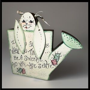 Vintage Bunny Watering Can – “If You Sprinkle When You Tinkle” Wooden Folk Art